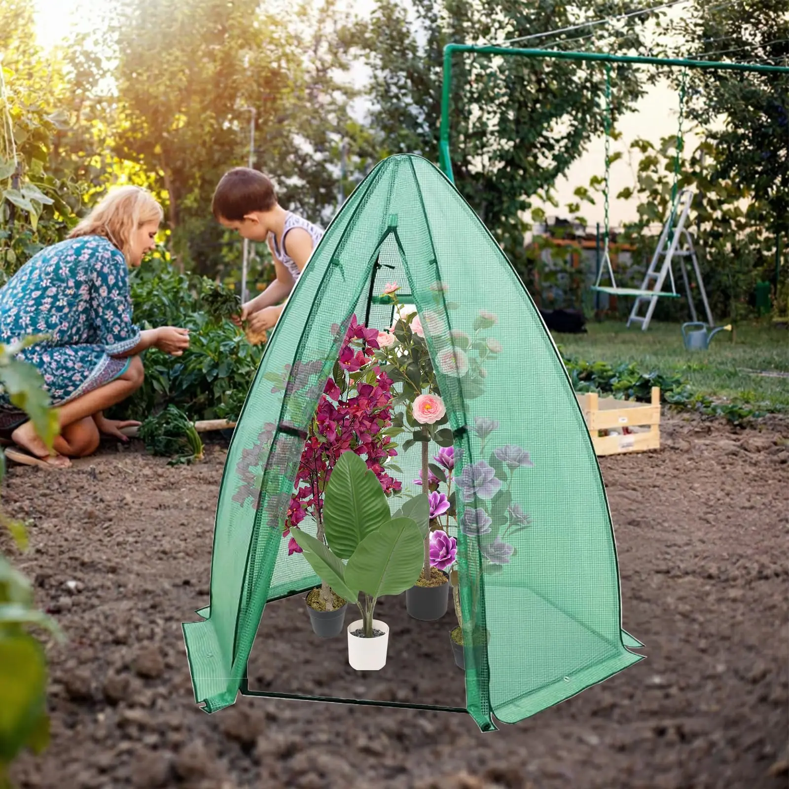 Iron Pointed-Roof Greenhouse (54.33x54.3x70.87in) - Heavy-Duty PE Cover, Zippered Door, Mesh Windows, Shade, Easy Assembly & Portability, Rainproof, Pest & Weather Protection for Winter Flower Gardening
