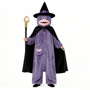 Monster Halloween Costume 4 Pcs Set, Plush Witch Onesie Jumpsuit with Hat Cape & Magic Wand, Unisex Cosplay for Parties