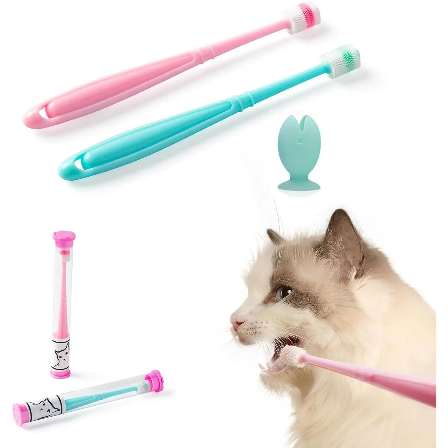 Small Dog & Cat Toothbrush 360 Degree Soft Silicone, Cat Dental Care, Toothbrush Holder, Easy to Handle, Independent Packaging, Suction Cup, Light Blue&Pink (2-Pack + Holder) Pet Supplies