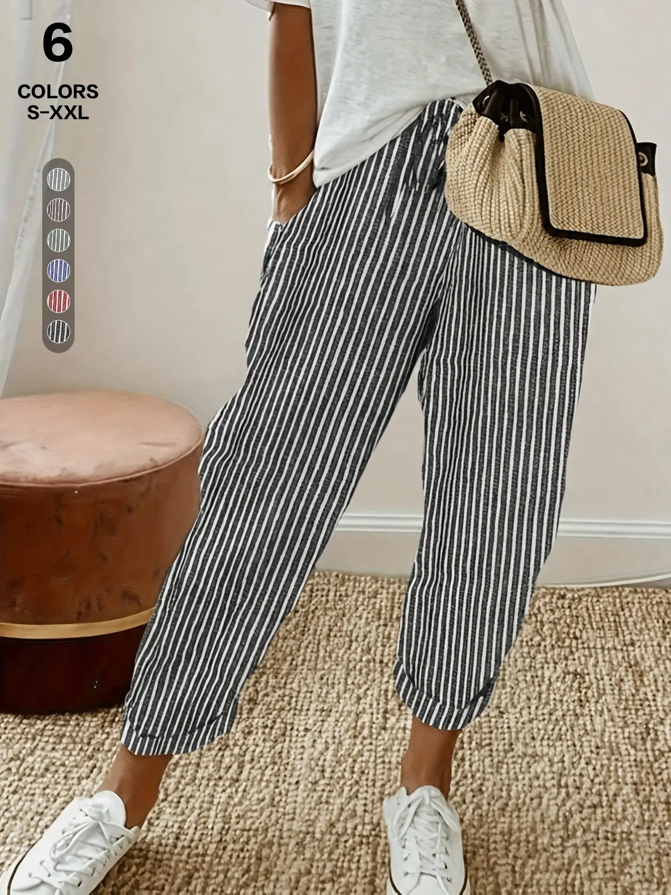 2026 Summer Minimalist Vertical Stripe Jogger Pants, High-Rise Elastic Waist, Breathable Tapered Cropped Bottoms, Versatile for All Seasons