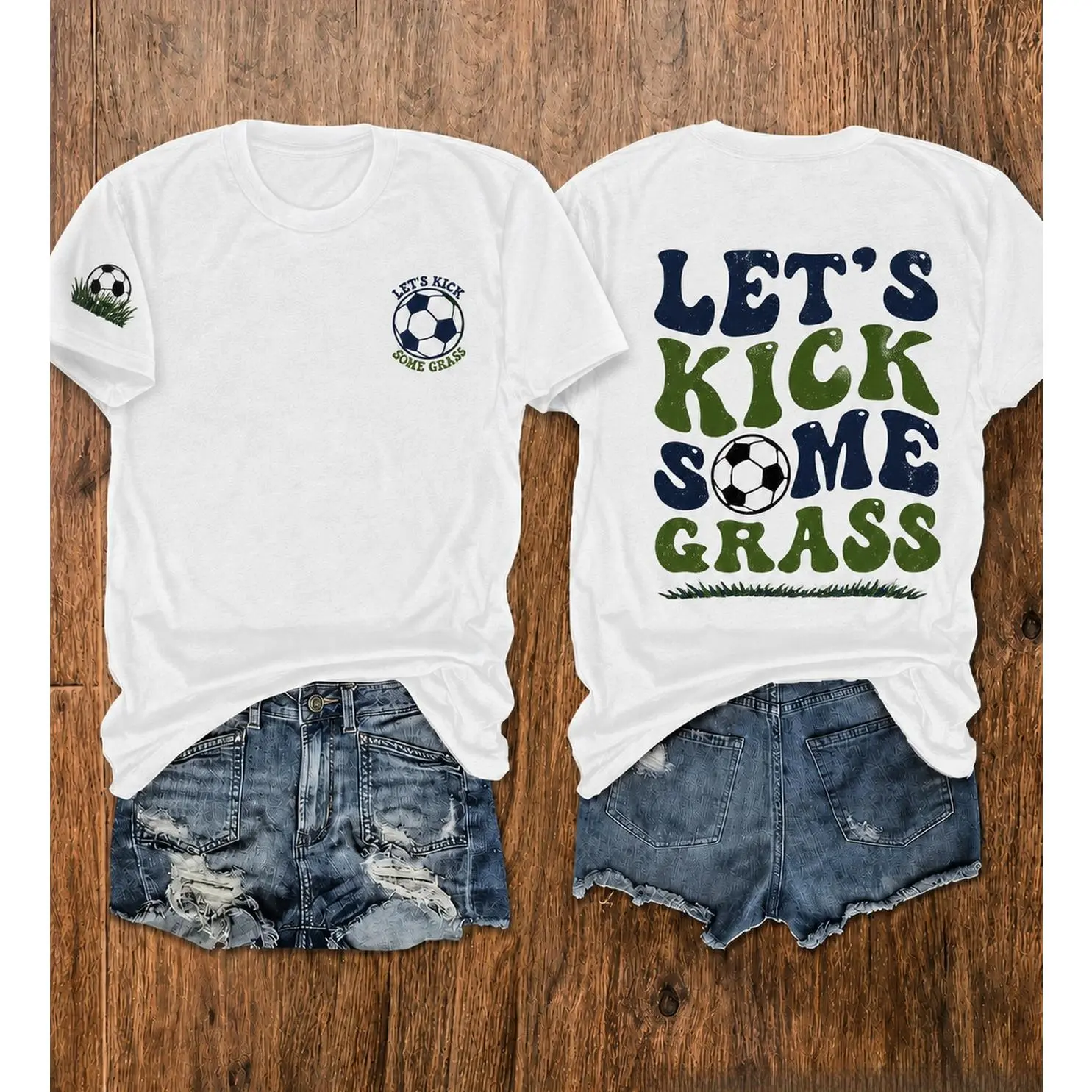 Women'S Soccer Letter And Sleeve Print T-Shirt,Double Sided Let’s Kick Some Grass Retro Soccer Ball Coach Player Sports Graphic Tee, Crew Neck Short Sleeve, Casual Loose Fit Summer Top