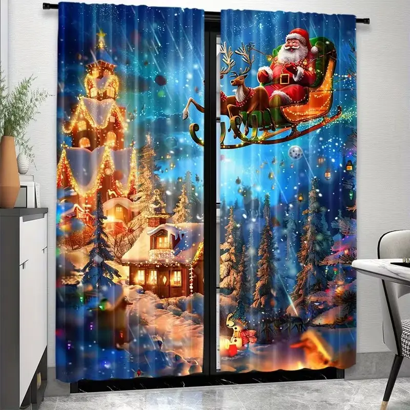 2pcs Polyester Christmas Theme Drapes, Santa Claus Snow Village Pattern Rod Pocket Curtains, Bedroom & Living Room Decor