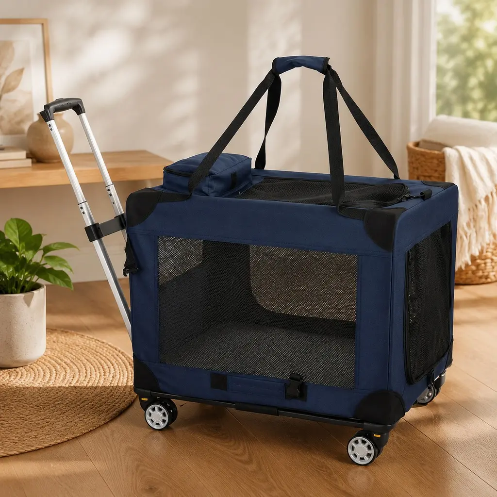 ARCH 2-in-1 Collapsible Rolling Dog Travel Crate, 28x20x20 inches, Metal Frame Kennel with Rolling Mobility, Zippered Mesh Windows, 3 Doors, Built-in Handle, Adjustable Padded Hand Straps, 11.13 lbs, Holds Up to 50 lbs, Dark Blue for Medium-Large Dogs