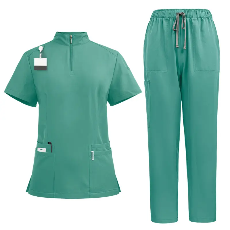 Women's Slim-Fitting 2-Piece Scrubs Set - Athletic Stretch Polyester Blend Workwear with Zippered Collar Top, Full Length Pants, Minimalist Fashion Lake Blue, Standard Sizes Including XXL, Collared Neck, Basic Look