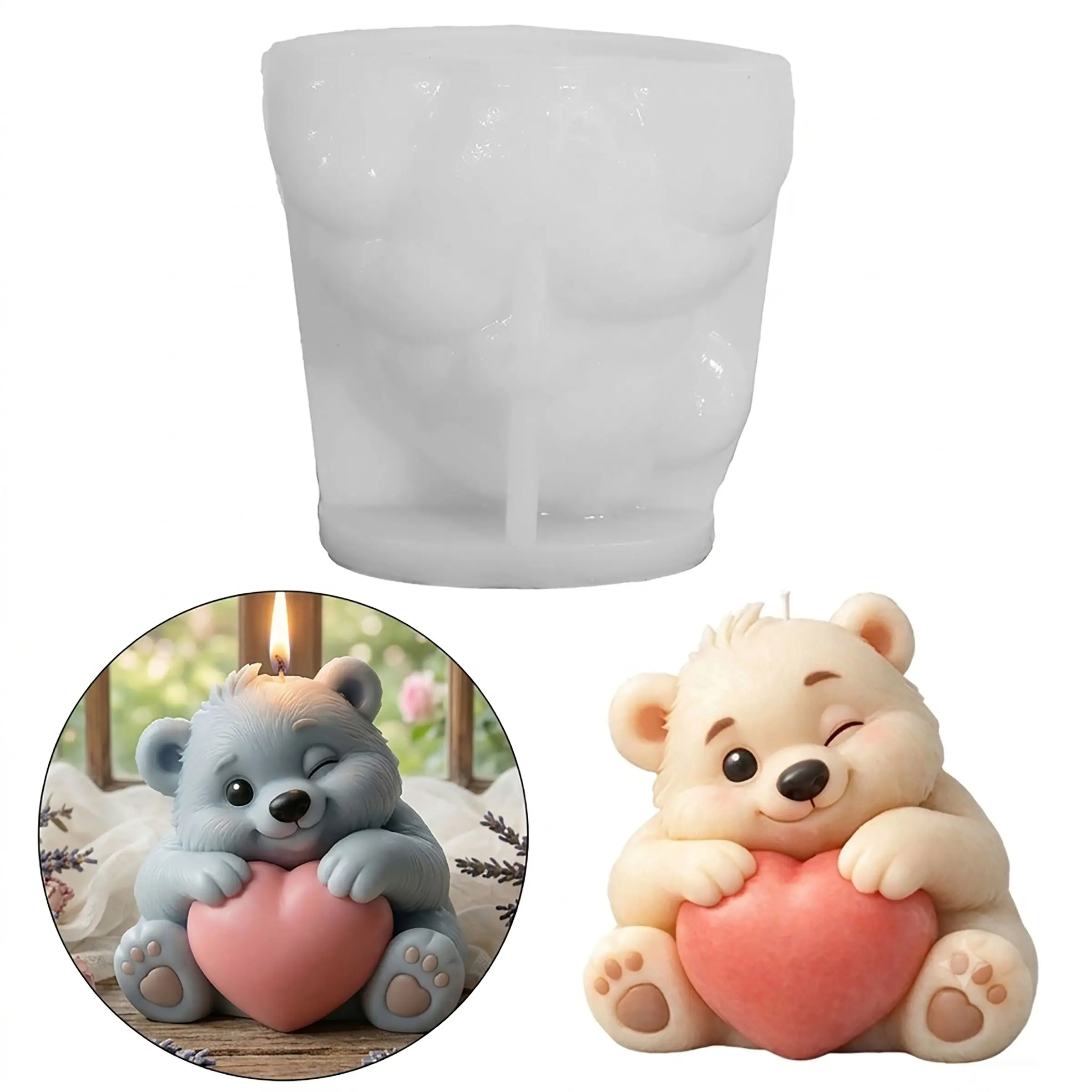 Kawaii Winking Bear Holding Heart Silicone Candle Mold, 3D Animal Wax Mould for DIY Craft, Silicone Molds for Crafts, Cute Home Decor, Aesthetic Gift for Her