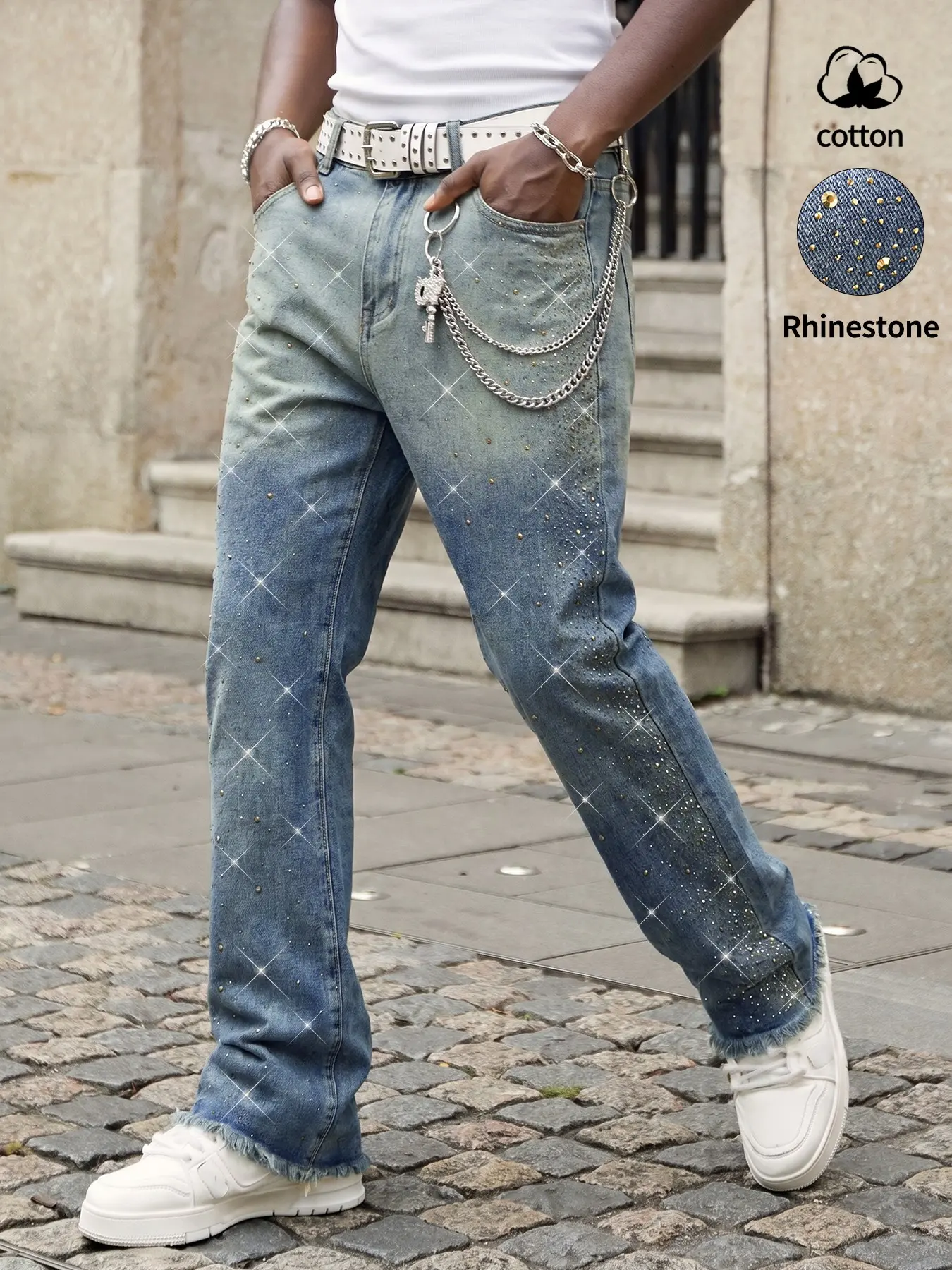 American-style gradient rhinestone-studded micro-flare jeans for men, featuring raw edges, heavy-duty rhinestone decoration, vintage-style distressed wash, and a long length Aesthetic