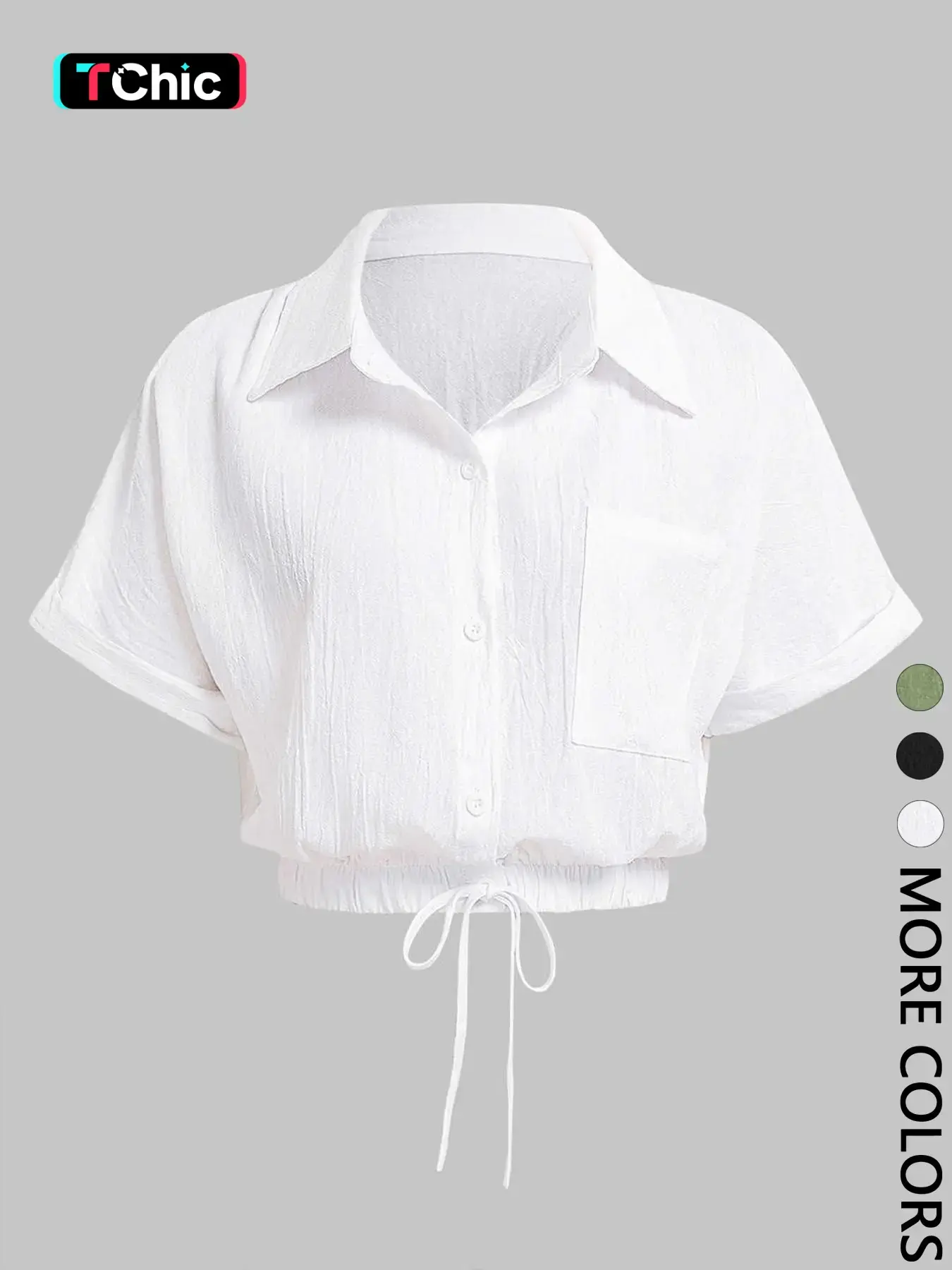 1 Piece Women's Crop Shirt, Collared Button Down Short Sleeve Adjustable Drawstring Hem Cropped Blouse with Pocket, Loose Fit Minimalist Casual Top, Figure Flattering for Office Work Daily Wear Vacation Brunch Going Out