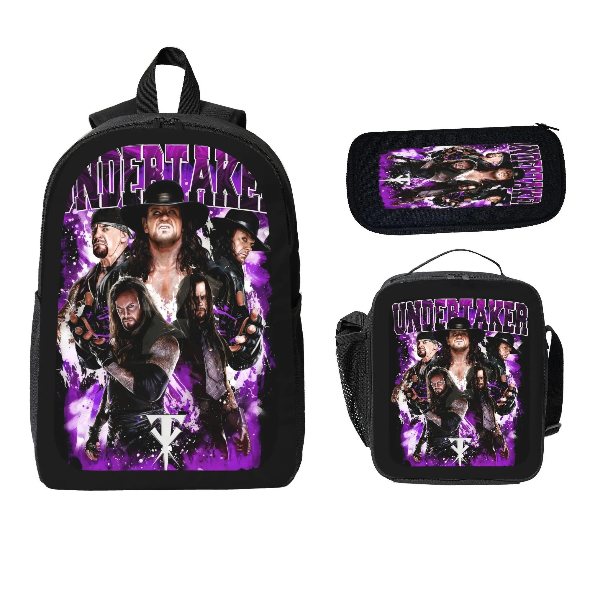 WWE Legend Themed Undertaker 3-in-1 Pattern Backpack Set - Childrens Bag, Bold Design School Backpack, Lunch Bag & Pencil Case for Wrestling Fans’ Daily Use