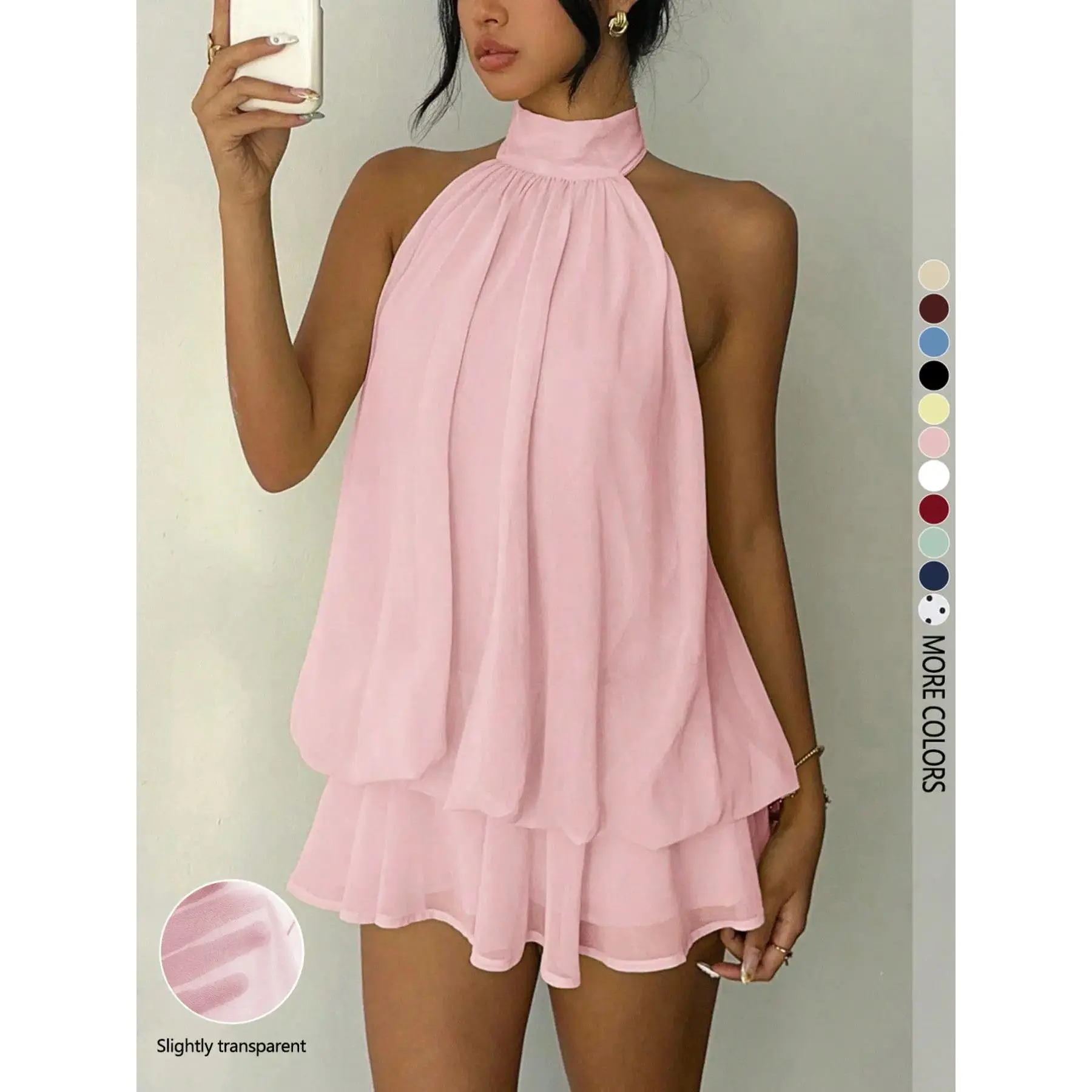 Women's Backless Halter Jumpsuit, Solid Color One Piece Romper with Ruffle Detail, Elegant Sleeveless Summer Outfit, Lightweight Comfortable Casual Wear for Beach, Vacation, Date Night and Party