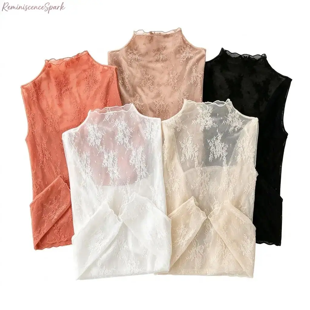 5-Pack Women Elegant Floral Lace Mesh Long Sleeve Slim Fit Layering Top, Stretchy Soft Lightweight Breathable Undershirt, Versatile Spring Autumn Casual Innerwear, Stylish Back to School & Daily Outfit Gift