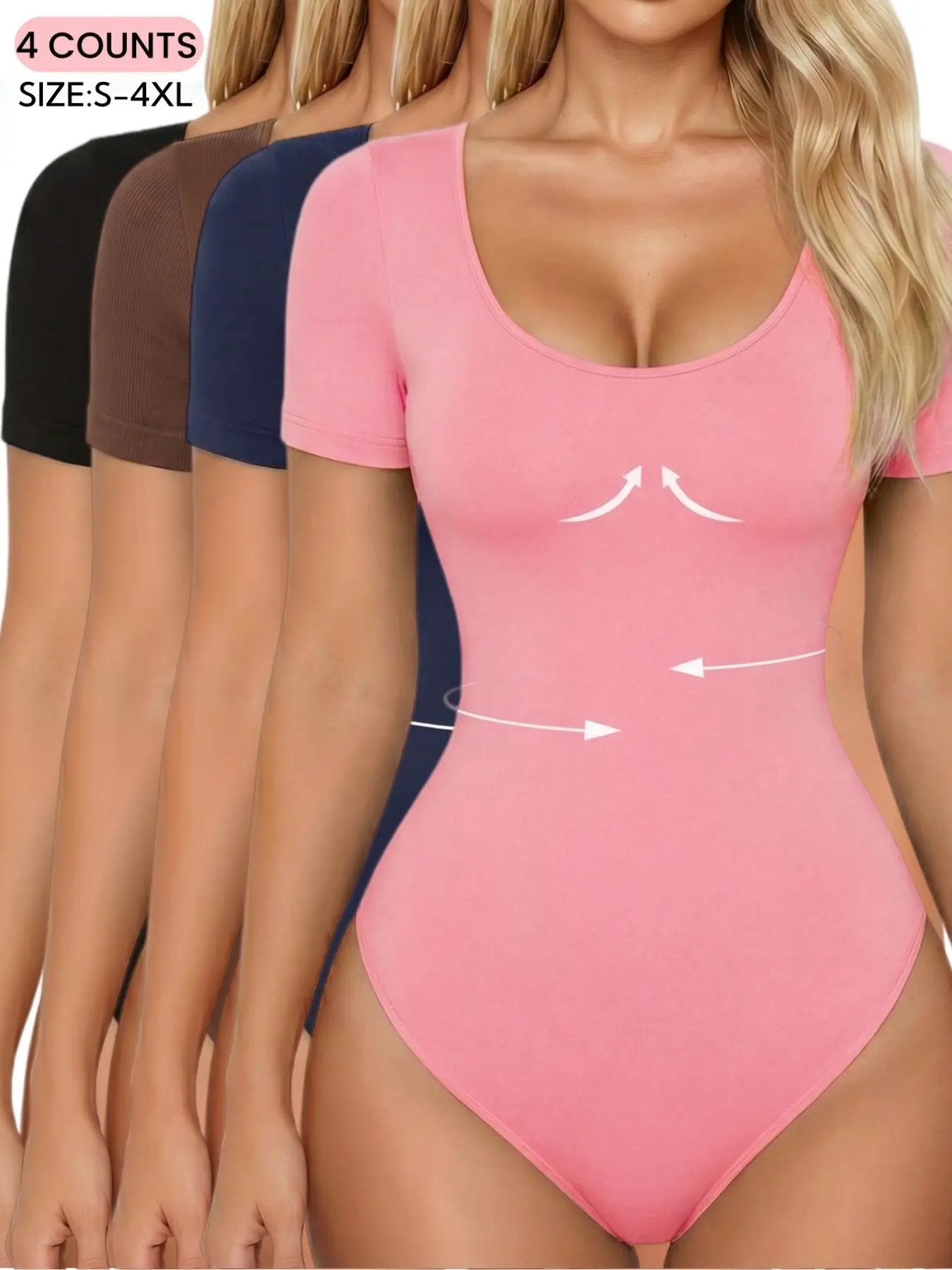 S-4XL,Women's Shapewear for All Seasons,Ribbed Abdomen Control Bodysuit, Short Sleeve Seamless Summer Cropped T Shirt, Round Neck, Comfortable Scoop Neck BodySuit Stretchy Basic Tops, Fit Soft Elastic Fabric, Perfect For Daily Wear and Going Out