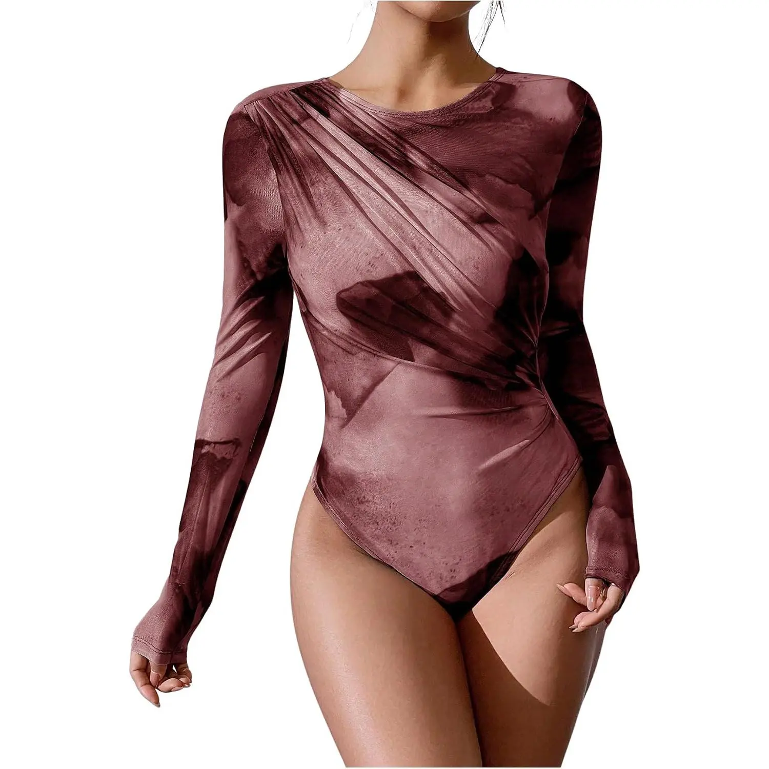 Women's Tie Dye Wrap Front Ruched Mesh Tee Bodysuit Long Sleeve Leotard Tops