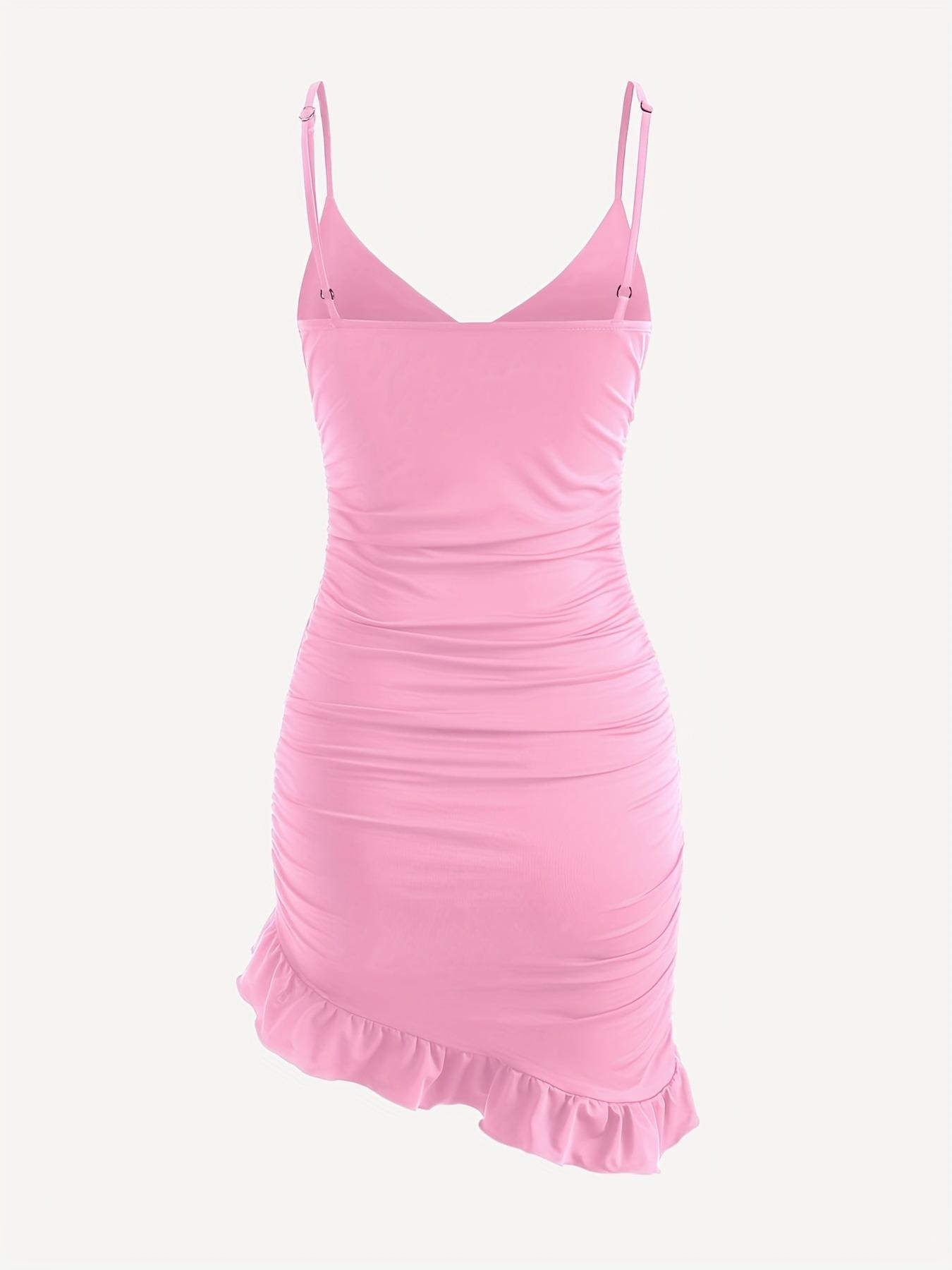 Women's Asymmetrical Ruffle Hem Ruched Cami Bodycon Dress, Summer Dresses, Chic Elegance, Casual Formal Womenswear, Sleeveless Adjustable Spaghetti Strap Mini Sundress for Party Holiday, Slim Fit Polyester Womenswear, Date Night Dresses