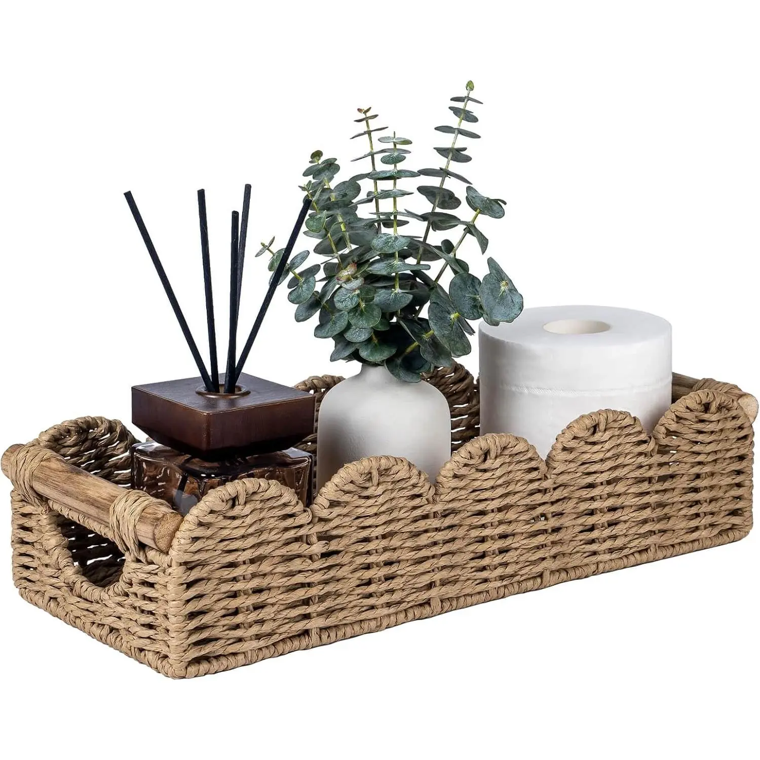 Bathroom Basket Organizer w/Cut Out Handle,  of Toilet Paper Storage Baskets Tray for Bathroom Countertop Decorative, Scalloped Wicker Basket Also for  Decor, Living Room, Neutral