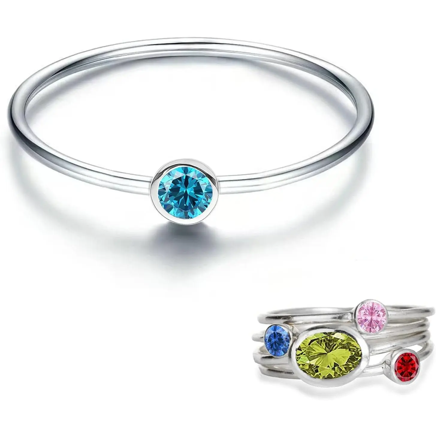 925 Sterling Silver Mother Daughter Birthstone Stackable Rings Set Mother Ring with Birthstone Mother Daughter Family Ring Mother's Day Jewelry Gifts for Wife