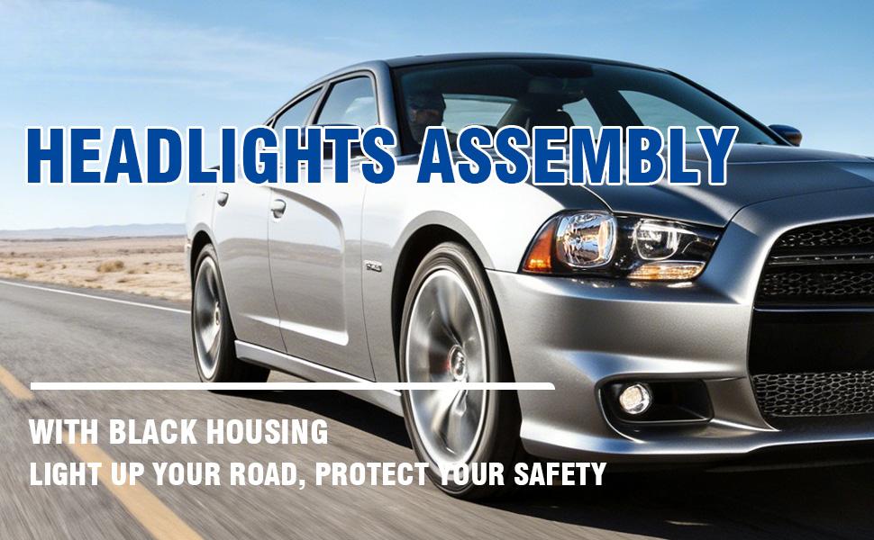 Headlight Assembly w/Bulbs Compatible with 2011-2014 Dodge Charger OE Halogen Headlamp Black Housing Amber Reflector Replacement Driver and Passenger Side