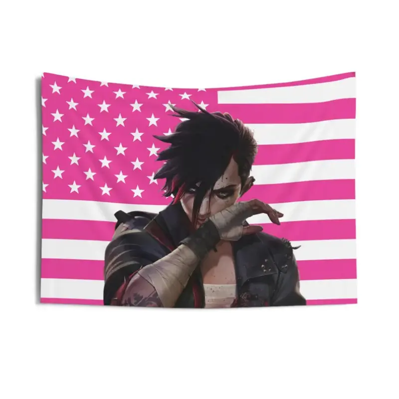 Vi (Arcane) wipes the blood Tapestries, Violet Arcane Pink Flag, Vi (Arcane) Indoor Wall Tapestries, Living Room Wall Decor, Tapestry Wall Hanging