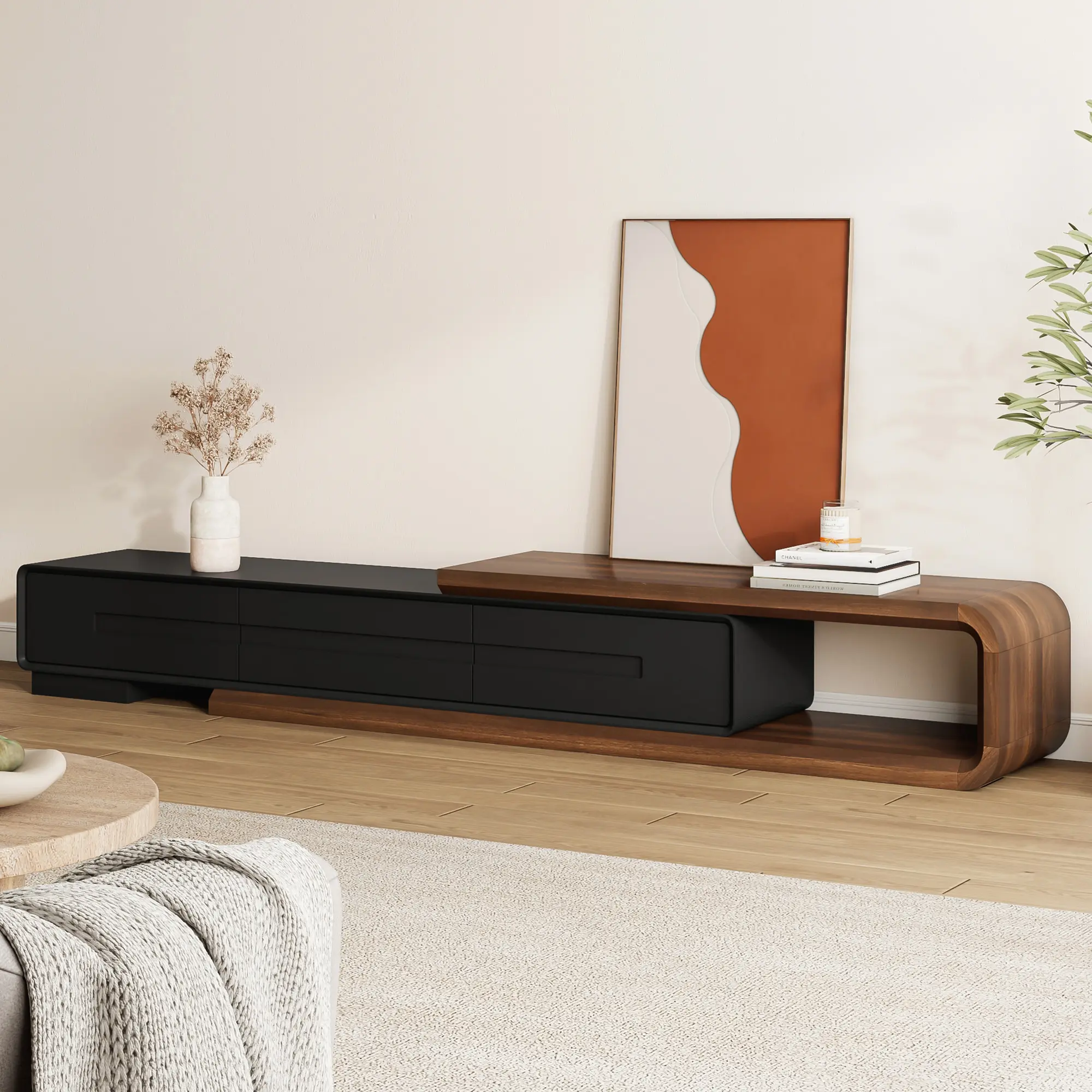 81"-111" Extendable TV Stand for 75 80 85 100 Inch TV, Modern Entertainment Center with 3 Large Storage Drawers & Open Shelves, Low Profile TV Stand with Rounded Corners, Black & Walnut/White& Walnut