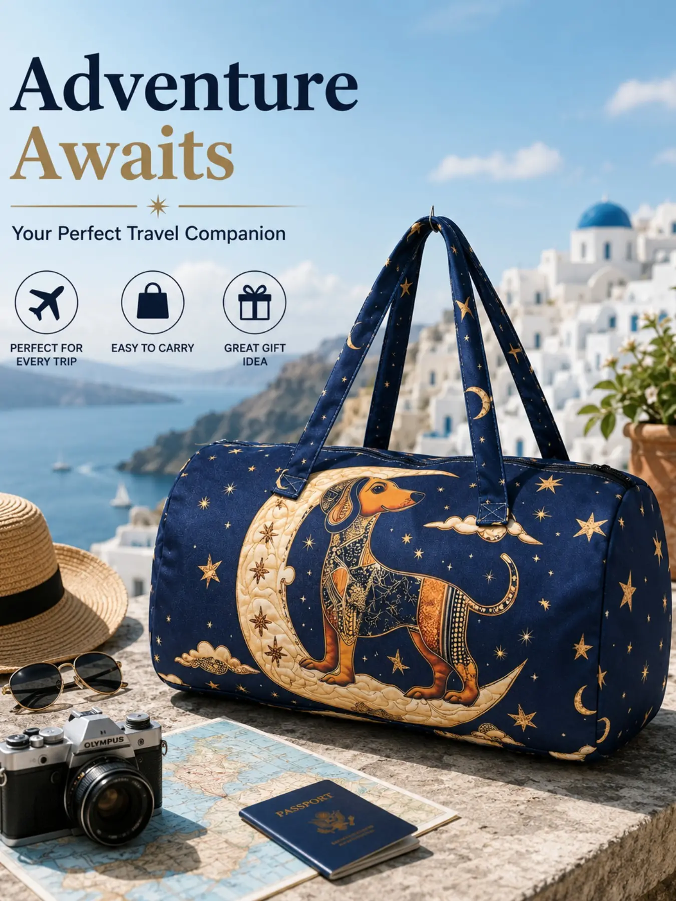 1 Piece Navy Star Moon Dachshund Duffle Weekender Bag, Matching Starry Print Reinforced Handles Smooth Zipper Large Capacity Tote Duffel Bag for Dog Lovers, Vacation, Gym & Camping