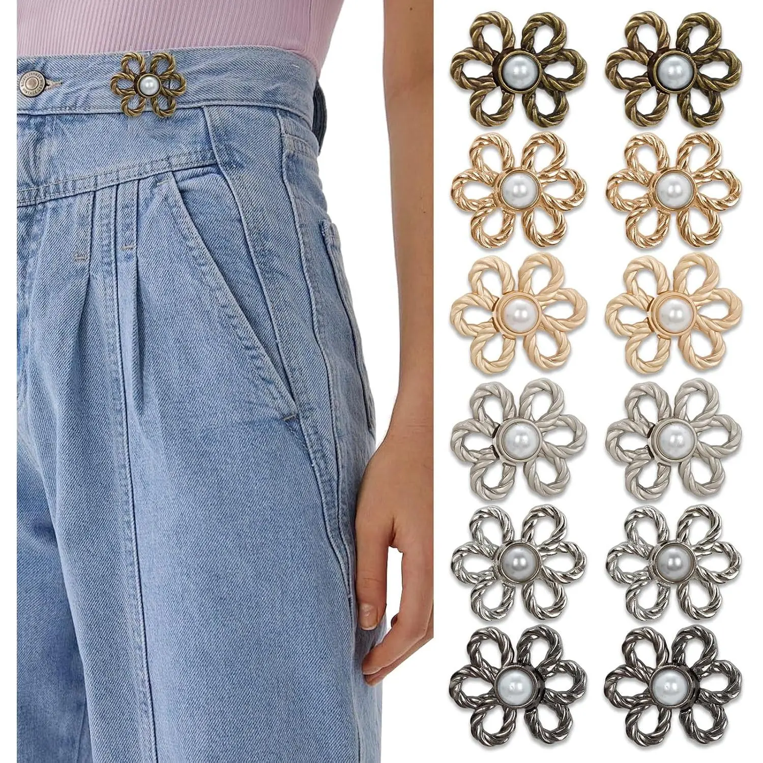 12 Sets Flower  Tightener Buttons, No Sew Adjustable  Buckles for Jeans, Pants, Skirts - Easy to Use Decorative Fasteners (6-Petal Design)