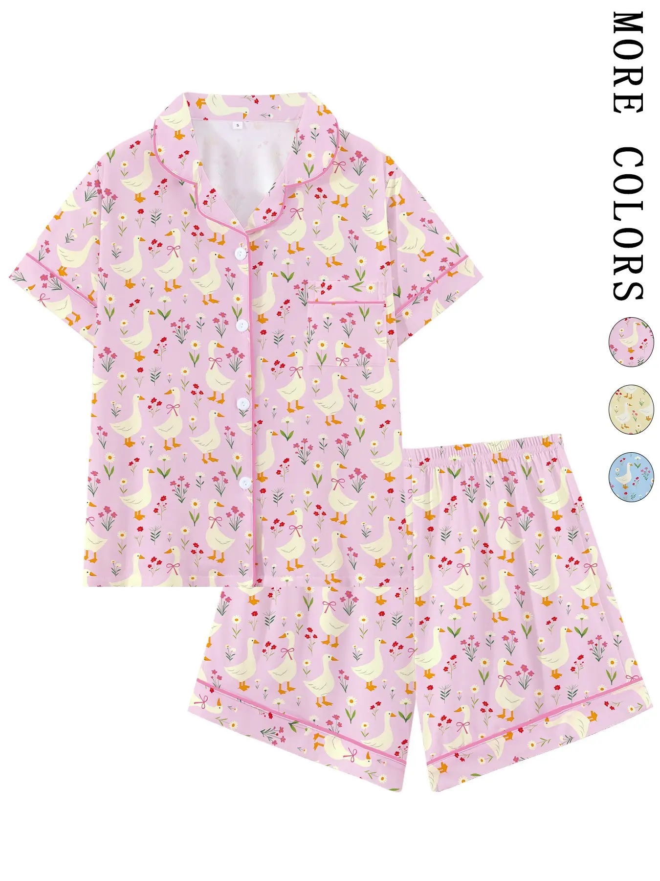 Adorable Goose with Bow Knot Animal Print Pyjamas Set, Short Sleeve Loose-Fitting Sleepwear, Home Leisure Wear, Comfortable Loungewear for Home and Travel, Perfect Gift