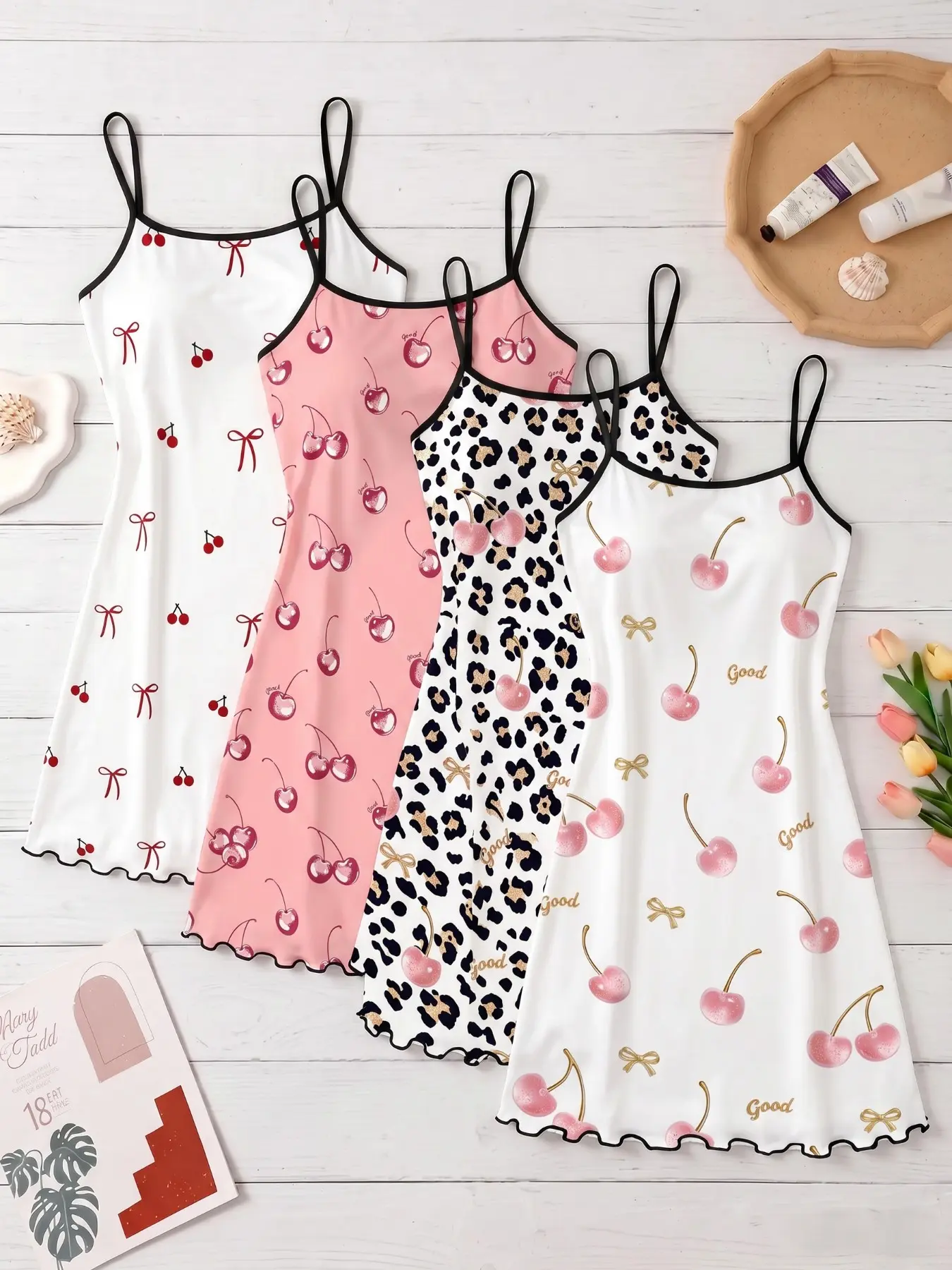 4-Pack Women's Strapless Nightdresses, Bow Cherry All-Over Print Pajamas, Sweet Home Wear Loungewear Nightwear for Spring Summer