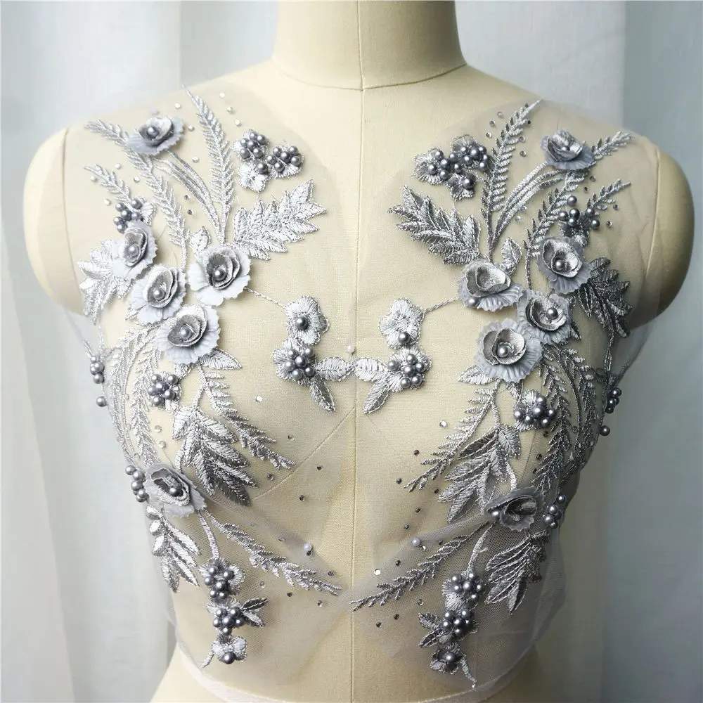 2PCS Gray Embroidered Lace Fabric 3D Flower Tassel Beads Rhinestone Applique Sewing Patch For Wedding Gown Appliques Dress DIY Decor Floral Embroidery Appliques