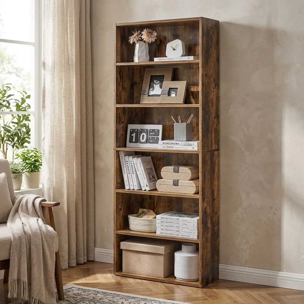 63.3" Tall 6-Tier Open Composite Wood Bookshelf, Freestanding Display Storage Bookcase with Adjustable Layers, Clean with Damp Cloth, Detailed Installation Guide Booklet for Living Room Home Office, Rustic Brown/Black/White