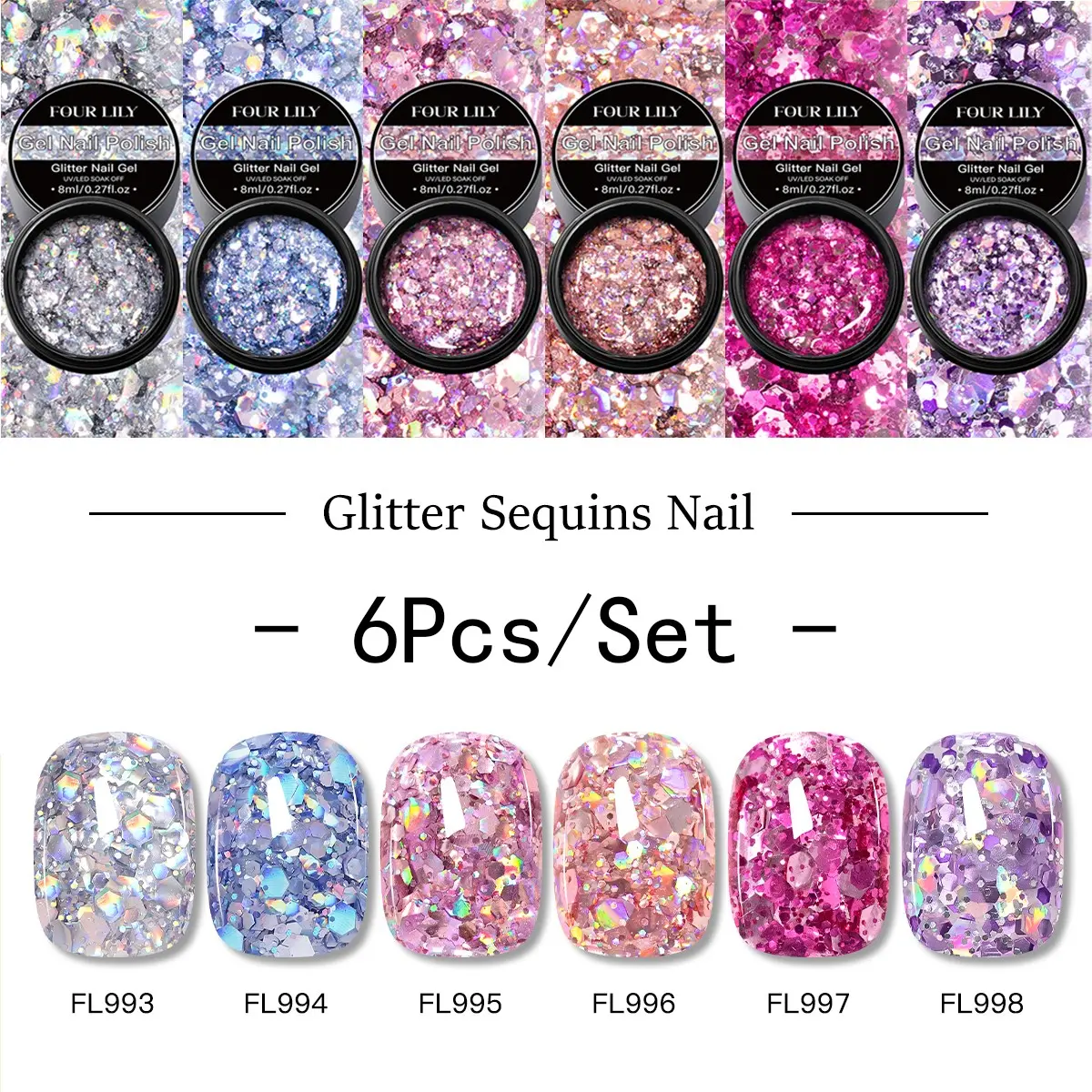 Fourlily 6pcs/set Glitter Sequins Gel Nail Polish, Sparkly Shiny Gel Nail Polish, Soak off UV Nail Gel, Nail Art Manicure Varnish, DIY Nails Art