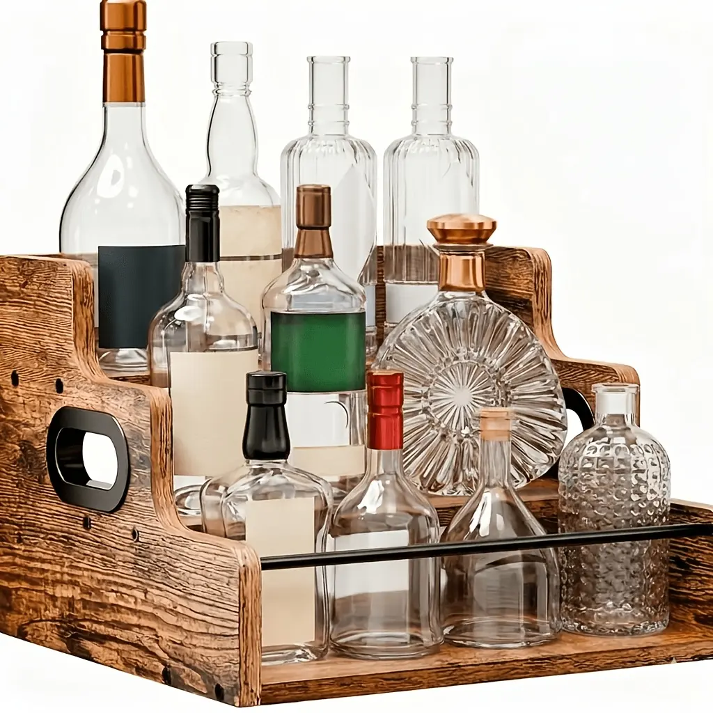 LDQ Classic 3-Tier Rustic Wood Freestanding Kitchen Countertop Organizer Stand - Home Supply, ABS Waterproof Home Storage Solutions, Liquor Bottle Display Shelf, Coffee Syrup Holder, Handles, Metal Rails, Easy Assembly Tool Included (Assembly Required), D