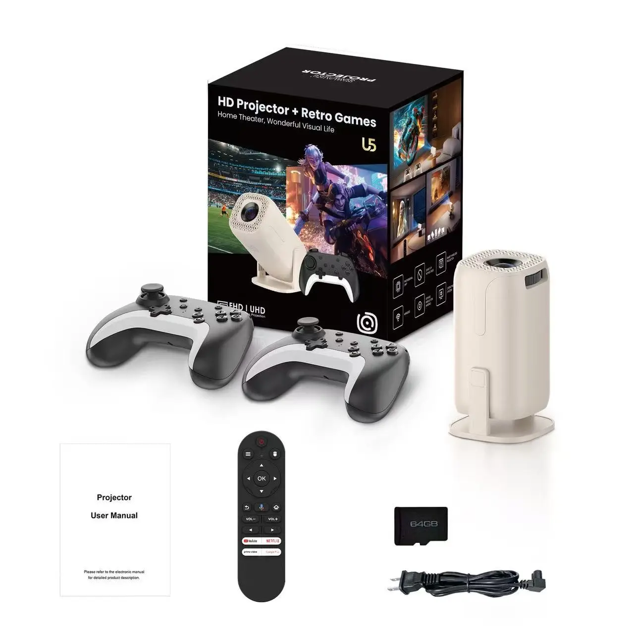 Android Smart Projector, Portable Mini Projector, 200ansi HD 720p, Auto Four-Point Calibration, Wireless Casting, Wifi6, Bluetooth-compatible 5.0, Voice Remote