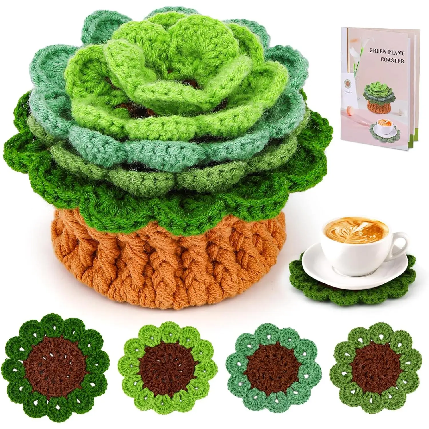 Crochet Kit for Beginners, Crochet Start Green  Coasters Kits | Beginner Crochet Kit for Adults, Step-by-Step Video Tutorials, Easy-to-Learn Knitting with Hook Yarn Crochet Tools