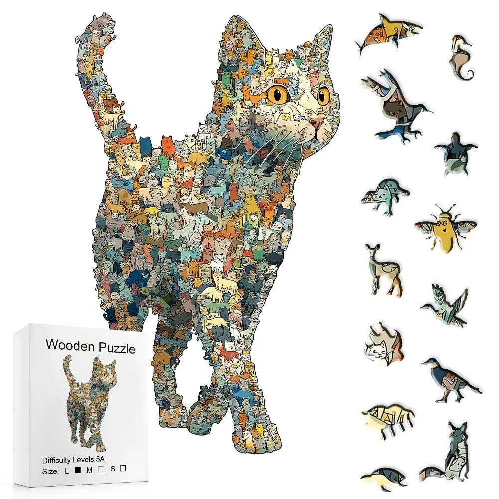 501pcs Colorful Cat Art Wooden Jigsaw Puzzle, Irregular Pieces, Pet-Themed Board Game, Festival Gifts, Halloween Gifts, Local Clearance