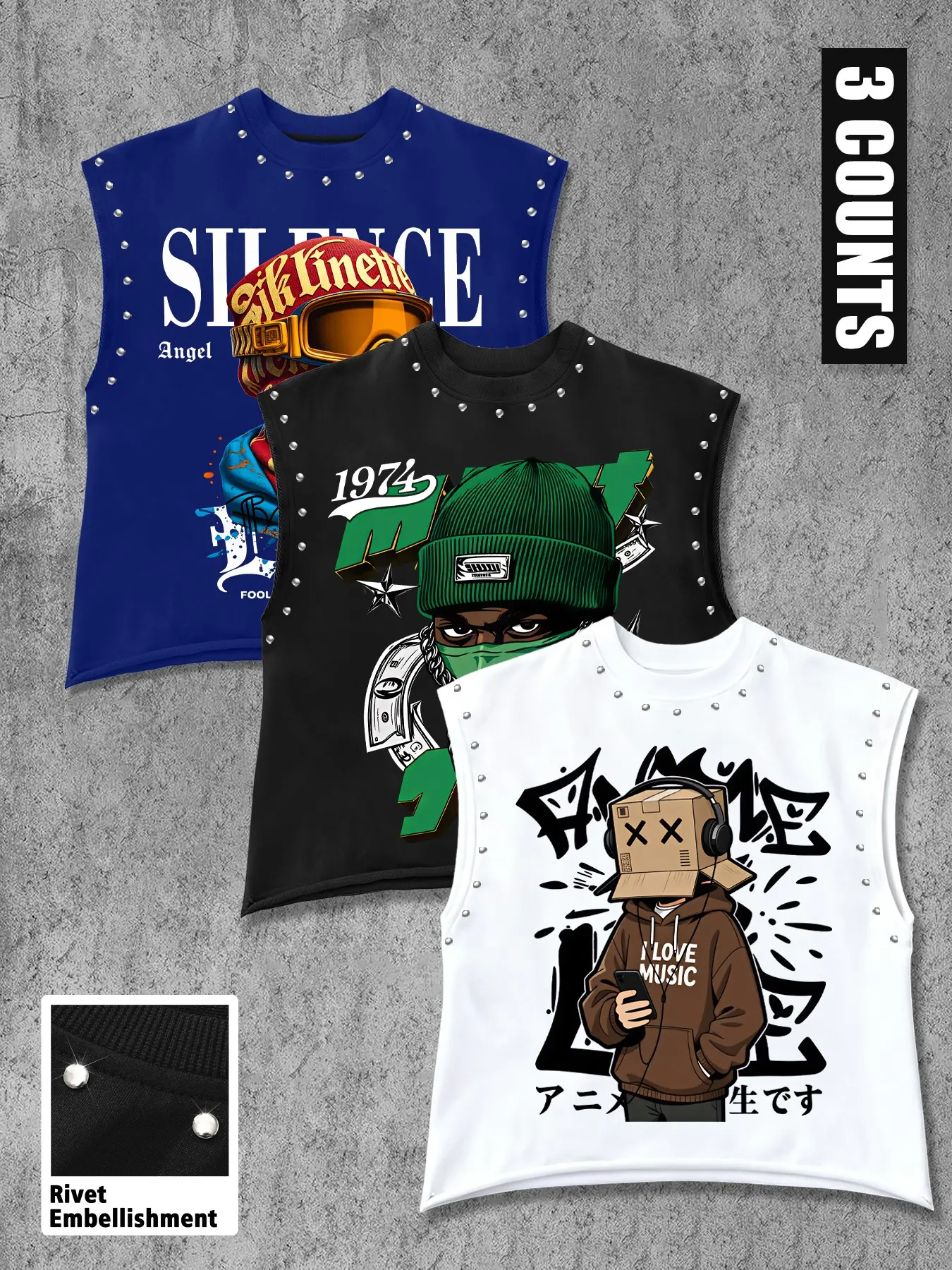 Men's Casual Loose 3-Piece Lightweight Sleeveless Tank Top Set, Unique American Street Art Graphic Print, Comfortable Fabric, Ideal for Daily Wear, Perfect for Leisure Occasions