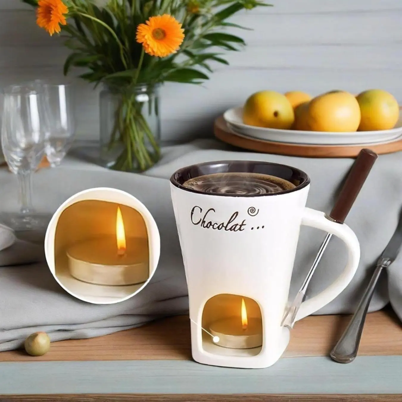 Chocolate Fondue Mugs Contain Fondue Cup & Forks, Chocolate Melting Cup, Mini Chocolate Fondue Set Without Tealights, Fondue Cups With Forks For Date Night Birthday Wedding Gifts (White)