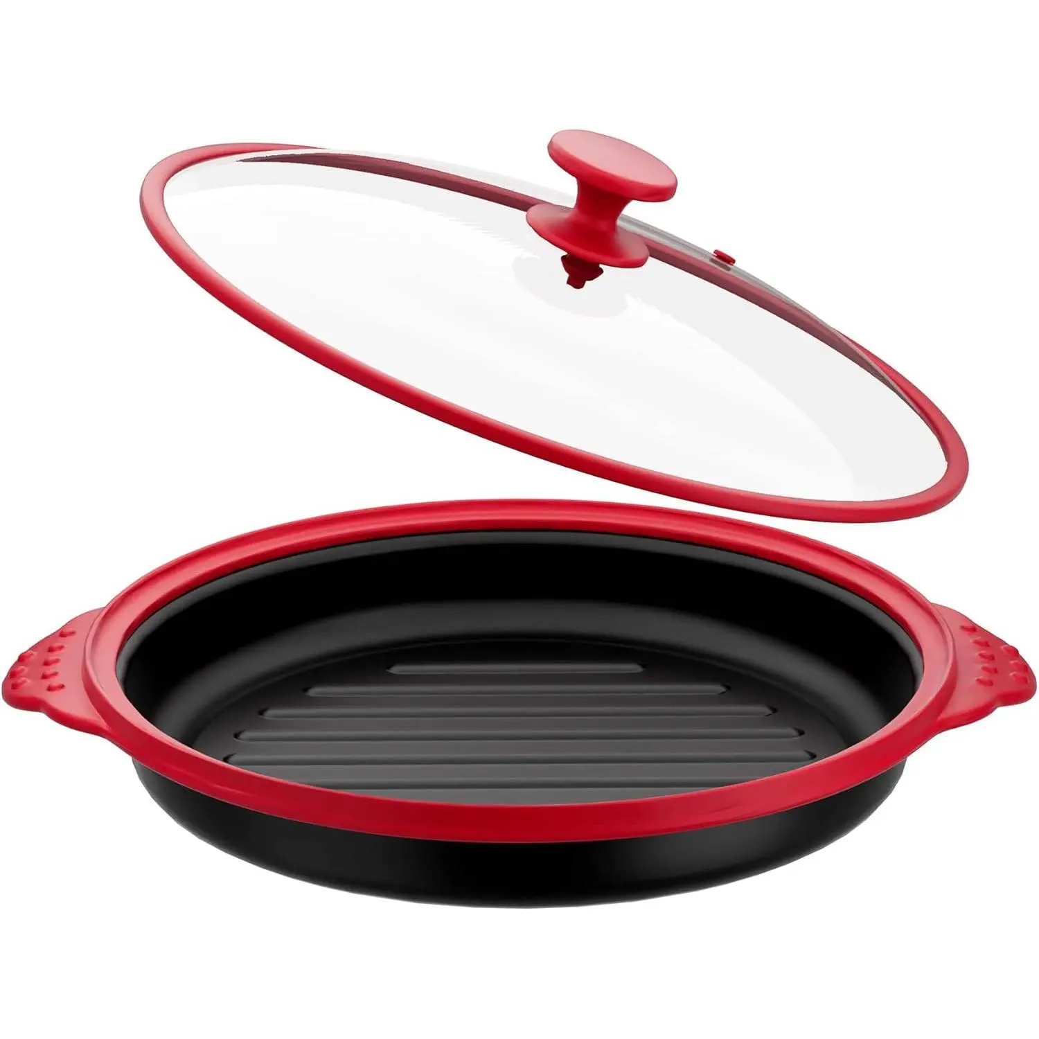 Microwave Grill Pan with Glass Lid, Microwave Griller & Crisper Pan for Grilling, Frying, Browning and Crisping, Multi-Purpose Microwave Cookware for Grill Meat, Sandwich & Vegetable