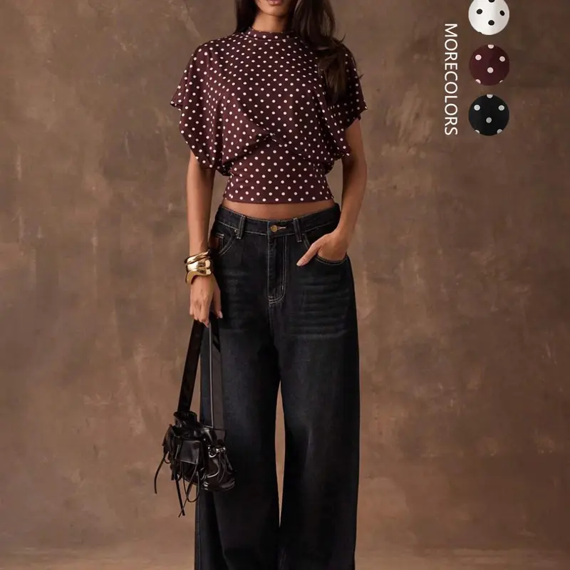 Elegant Women's Summer Polka Dot Basic T-Shirt, Round Neck Drop-Shoulder Sleeves, Slim-Fit Stylish Design, Perfect for Casual Wear