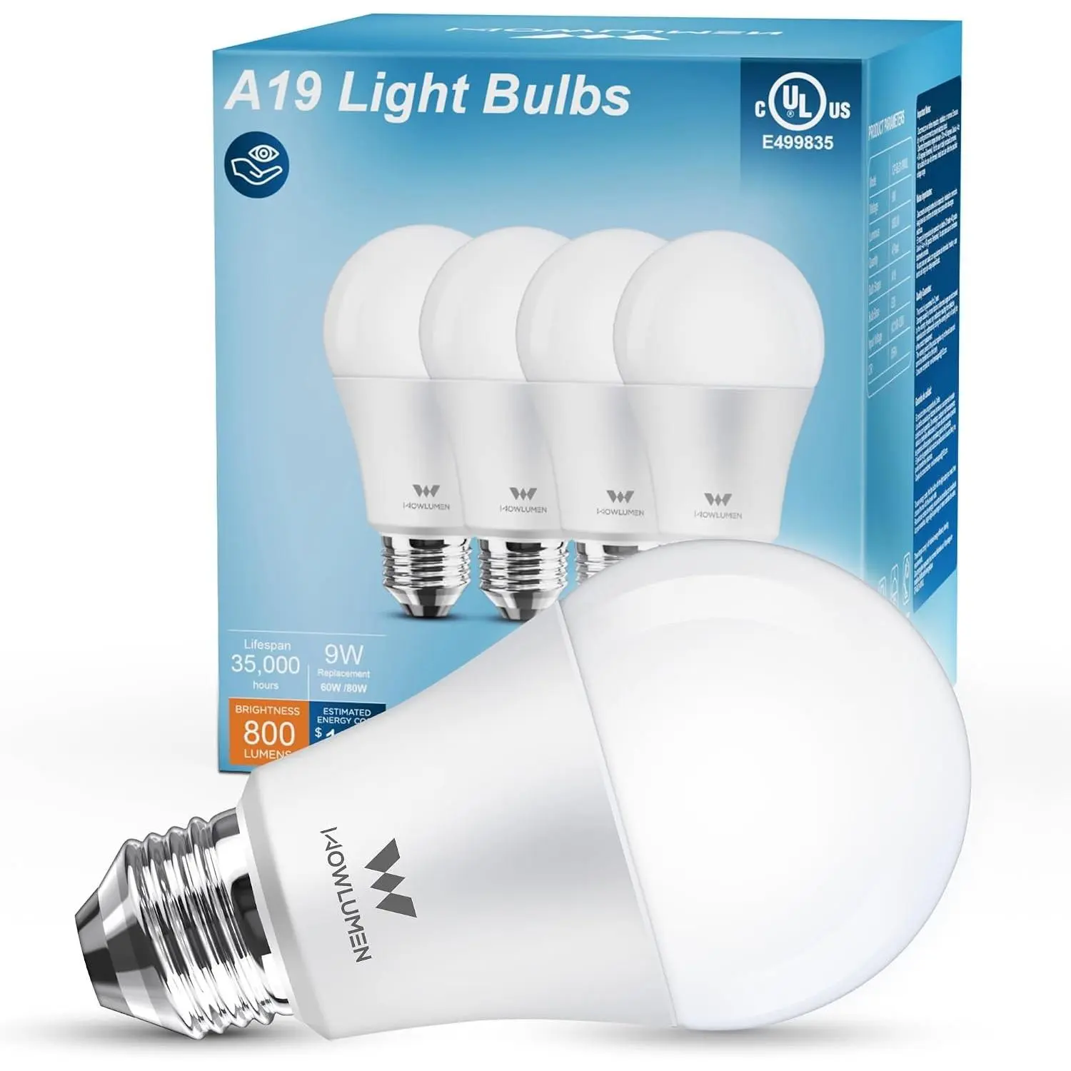 A19 LED Light Bulb, 9W E26 Lighting Bulbs(60 Watt Equivalent),5000K Cool White, 800LM Standard Base for Kitchen, Living Room, Corridor, Office, UL Listed, 4 Packs