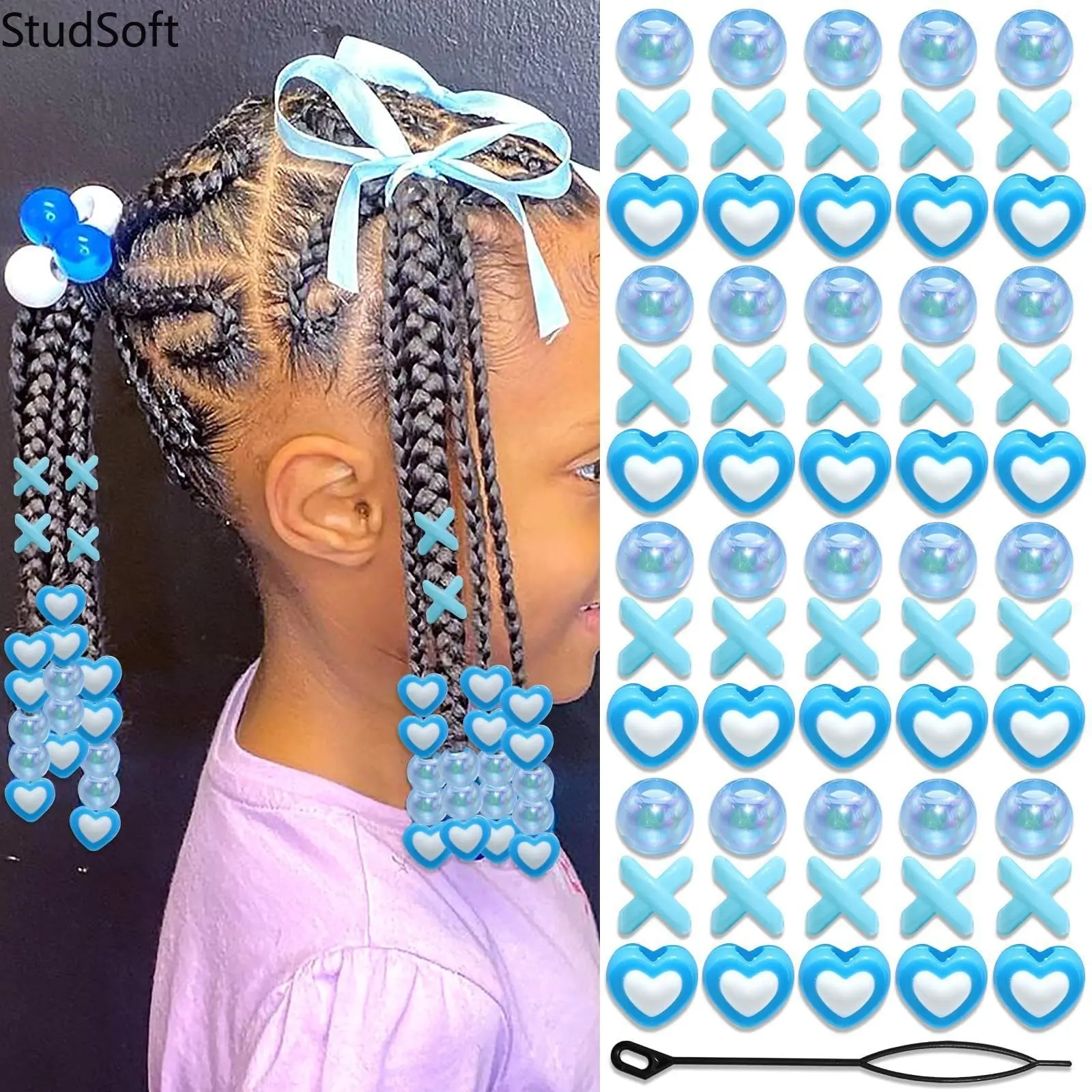 60Pcs Kids Braiding Hair Beads: Blue Heart X Shaped Large Hole Pony Beads with Threader for Girls Toddler Back to School Gift Hair Accessories Set,back to school,back to school haul
