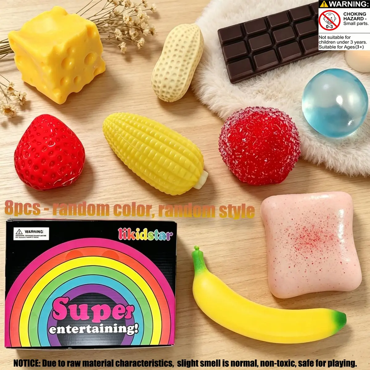 8 pieces/set - Mystery Simulated Fruit Toast Stress Relief Fidget Box, Blind Box Toy, Sensory Kit, Creative Slow-Return Fidget, Prank Gift for Friends Party, with Various Styles