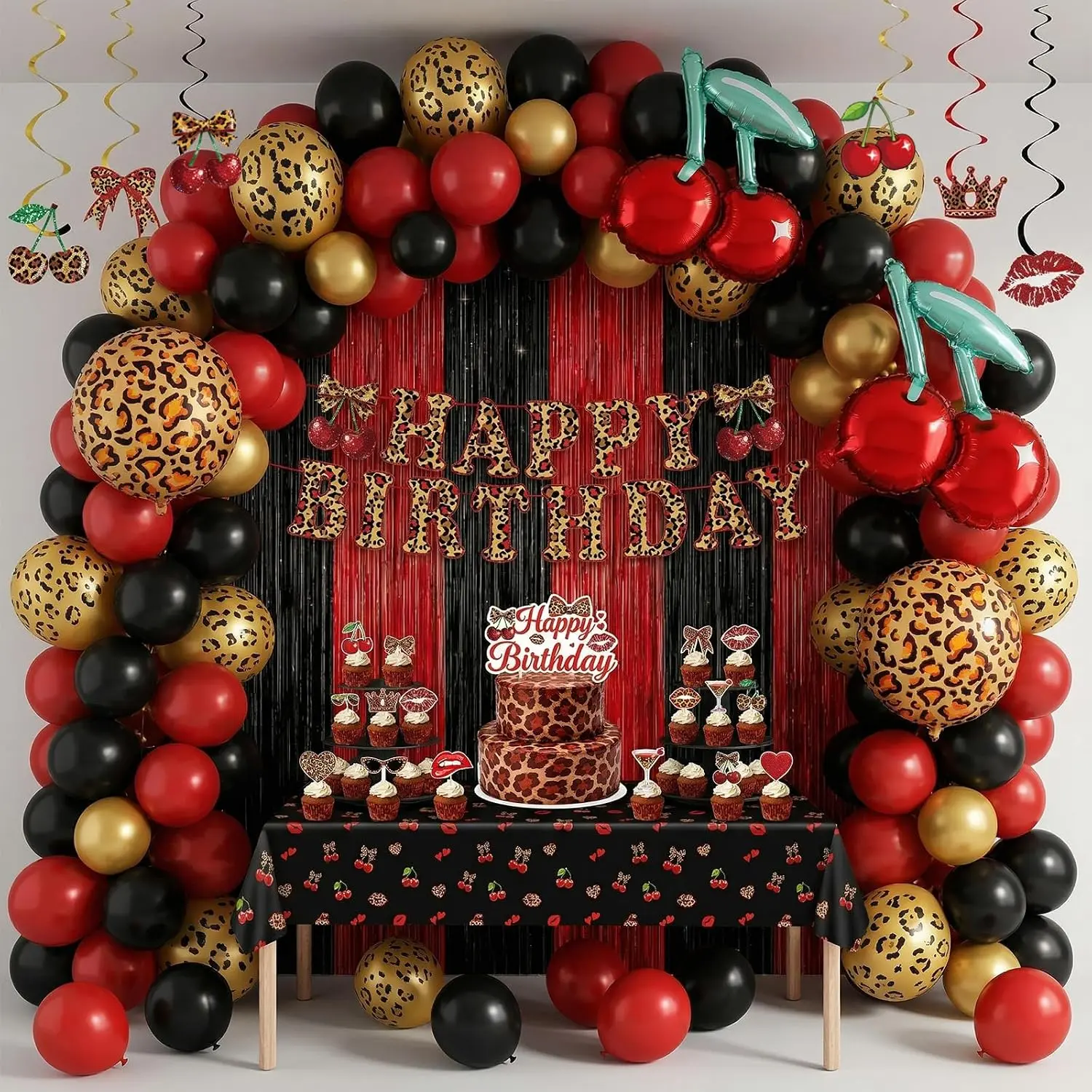 Cheetah Print Cherry Birthday Decorations, Red Black Leopard Balloons Arch |   "Happy Birthday" Banner Foil Balloons Tablecloths Fringe Curtains Cake Topper Swirls for Female Party Supplies.