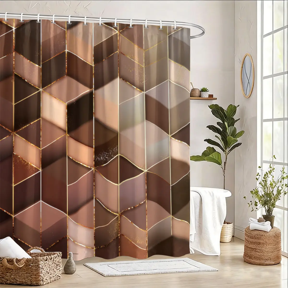 2D Flat Geometric Shower Curtain with Gold Line Pattern, Luxury Abstract Bathtub Hanging Curtain Set, Multi-Style Geometric Collection Available, Includes 12 Hooks Golden Cube Bathroom