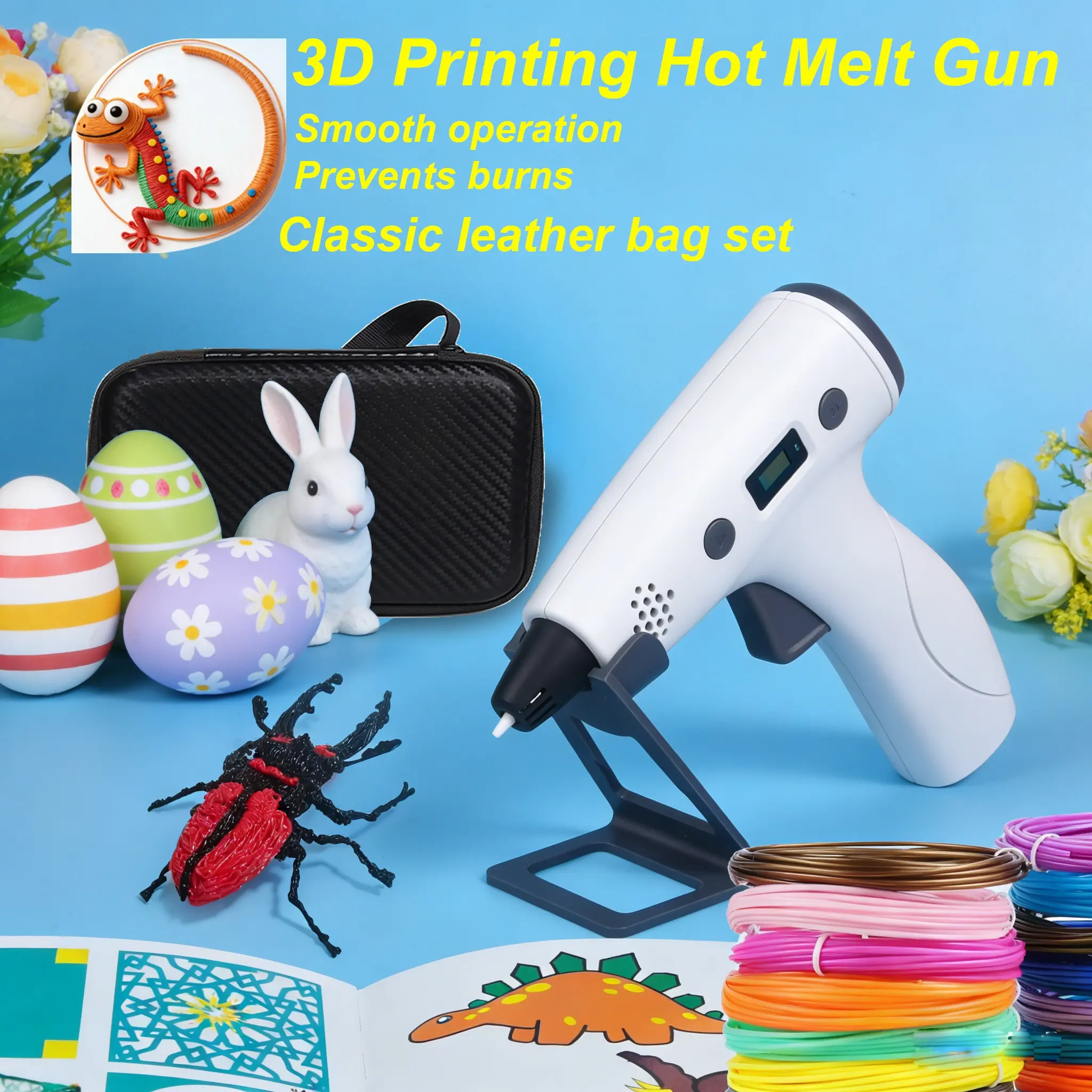 3D Print Hot Melt Gun with Storage Bag, Creative Handheld 3D Modeling Tool, Three-Speed Display, 2m 22 Colors, Suitable for All Ages