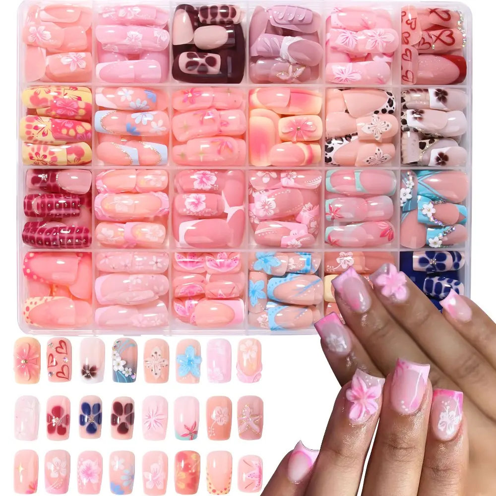 576pcs Short Oval Press-On Nails, Sakura/Peach Hand-Painted Design, Multi-Color French Tips for Party & Daily Use, Includes Glue & File