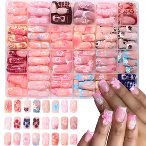 576pcs Short Oval Press-On Nails, Sakura/peach Hand-Painted Design, Multi-Color French Tips, Party & Daily Use, Includes Glue & File, Nail Art Supplies