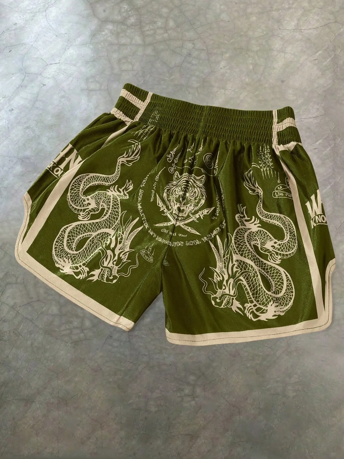 Men’s Shorts Set, high-waisted short glossy fabric with black-white dragon-tiger print, Thai boxer & basketball style with side slits, elastic waist. Viral on Ins, comfy for daily, sports & vacation, unisex couple wear, ideal gift for boyfriends/husbands.