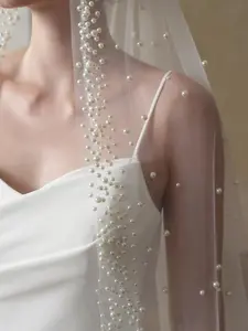 3-Meter Extra-Long Round Pearl-Embellished Cathedral Veil; Soft Tulle Bridal Veil with Pearls—Perfect for Outdoor Wedding Photography and Floor-Sweeping Elegance
