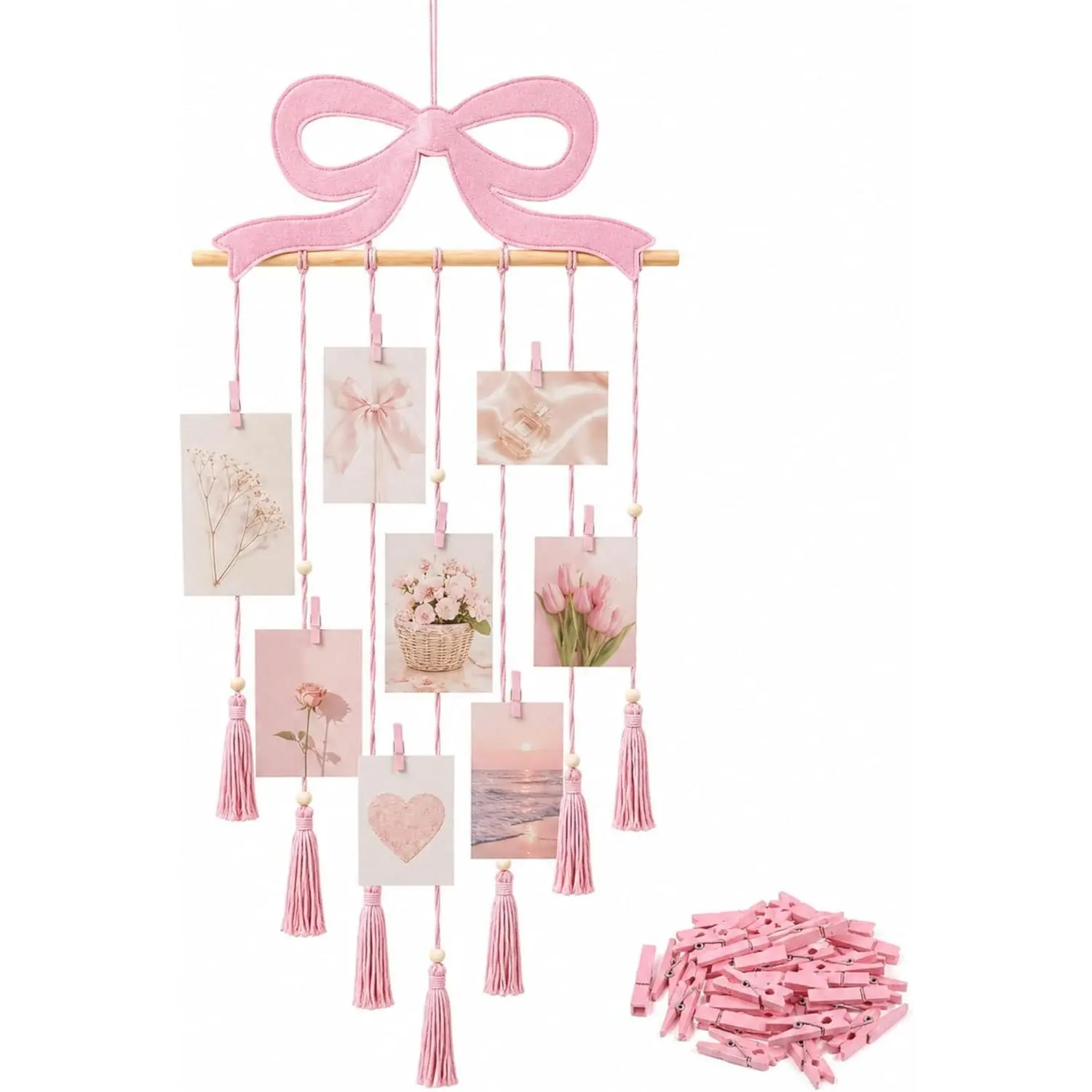 Pink Bow Hanging Photo Display Wall Decor Pink Macrame Coquette Picture Frame Collage Holder with 30 Clips for Room Bedroom Graduation Wedding Christmas Party Decor