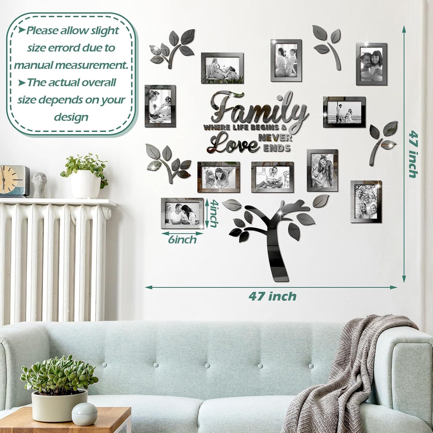 SUNDAY MIRTH Family Tree Wall Decal  3D DIY Mirror Sticker Photo Frames Removable Wall Art Decals Home Decorations for Living Room Bedroom Kitchen Dining Office,  x  Inch(Black)