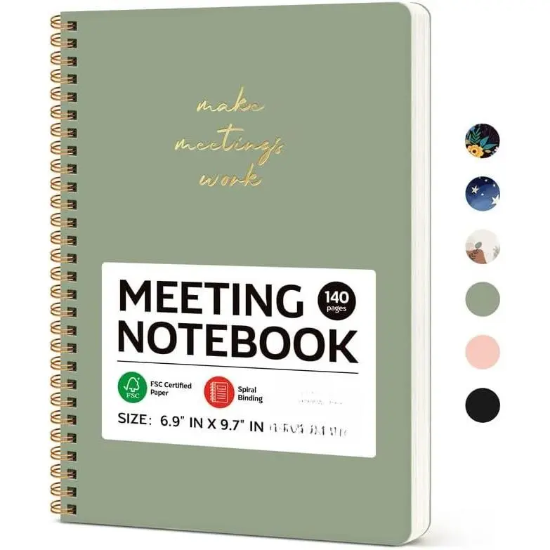 Meeting Notebook for Work Organization - Work notebook with action items, Meeting Minutes Planner Notebook,  Office Supplies for Men & Women - Green